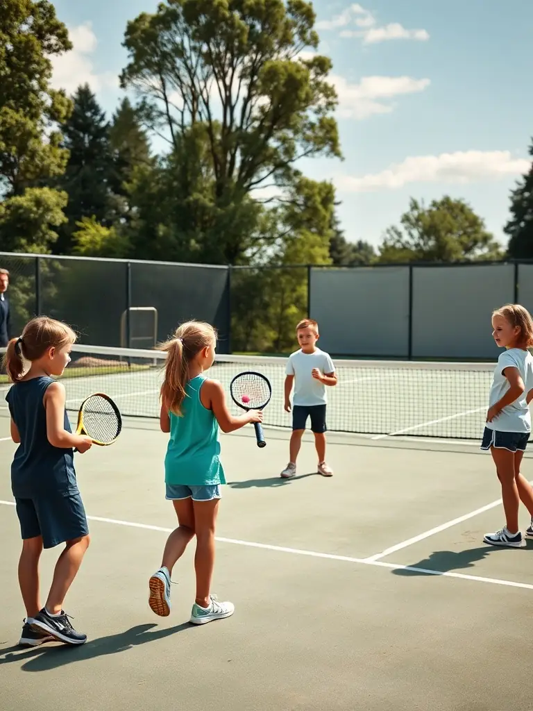 A dynamic image of young athletes participating in a youth development program at TPCP TENNIS PADEL CLUB PUILBOREAU, showcasing the club's commitment to nurturing young talent and promoting active lifestyles.