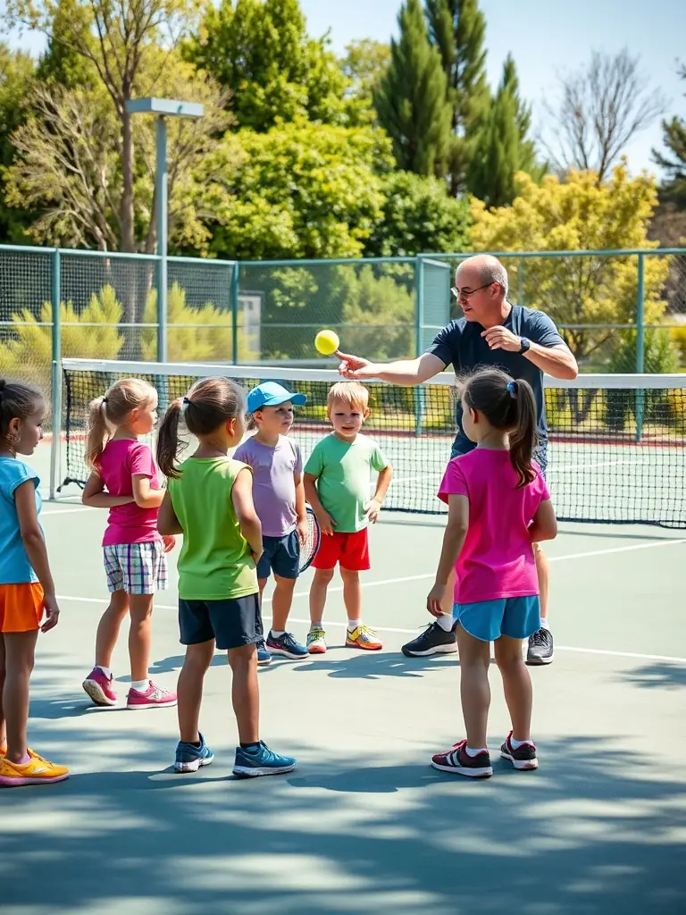 Image of children learning to play tennis with professional coaches, emphasizing youth development and skill-building.