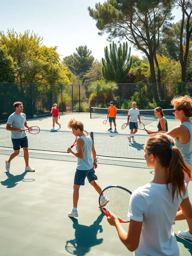 A welcoming scene of diverse community members enjoying racquet sports together on the courts.