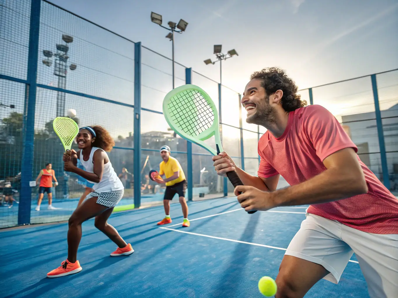 A group photo of padel players of different ages and backgrounds, smiling and celebrating their participation in a community padel event.