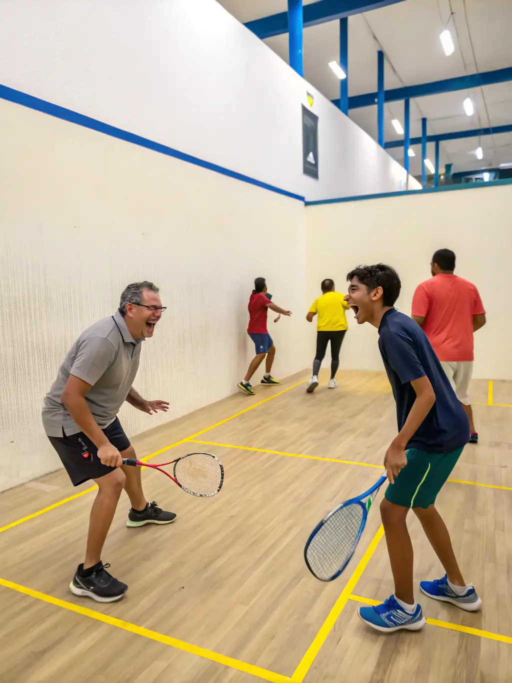 A group of diverse individuals participating in a racquet sports community program at TPCP TENNIS PADEL CLUB PUILBOREAU, highlighting the inclusivity and social interaction promoted by the program.