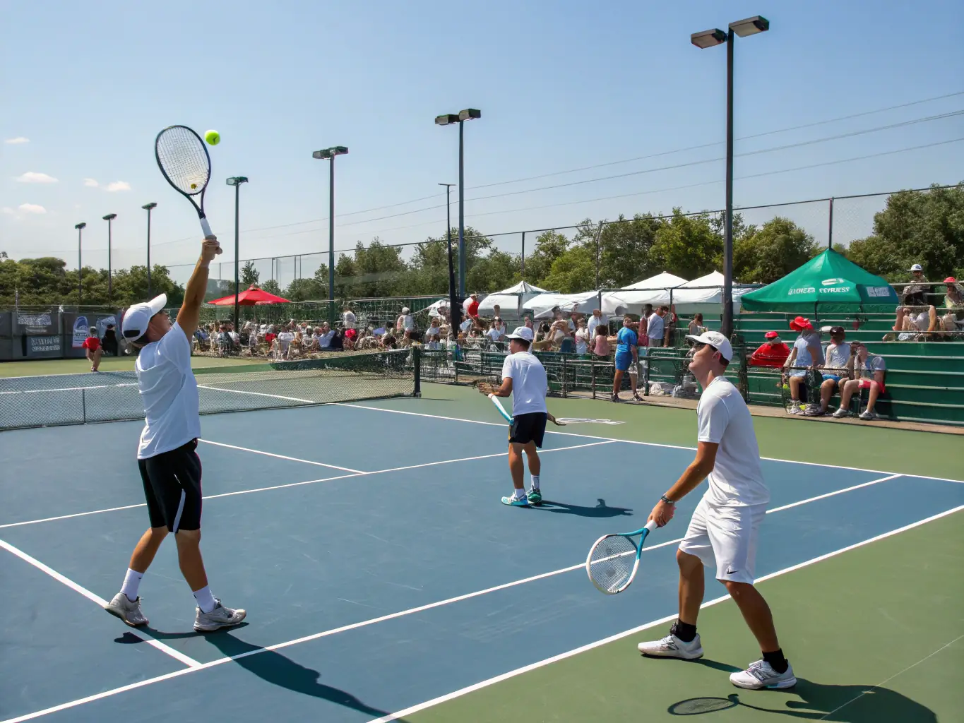 A vibrant image of club members participating in a friendly tennis match, showcasing teamwork and camaraderie.