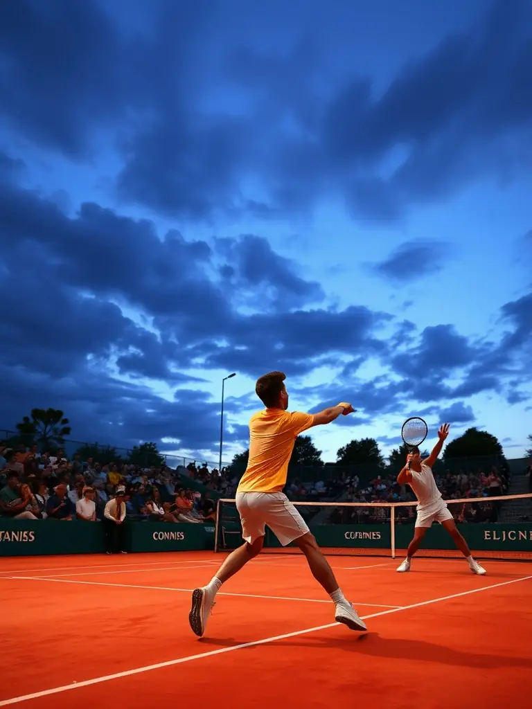 A vibrant image of players engaged in a tennis match on a sunny court, showcasing dynamic movement and sportsmanship.