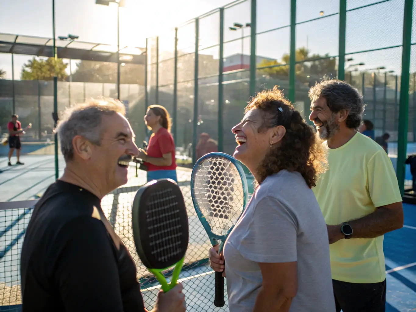 A group of diverse club members socializing and laughing together after a padel session, emphasizing the social aspect of the club.