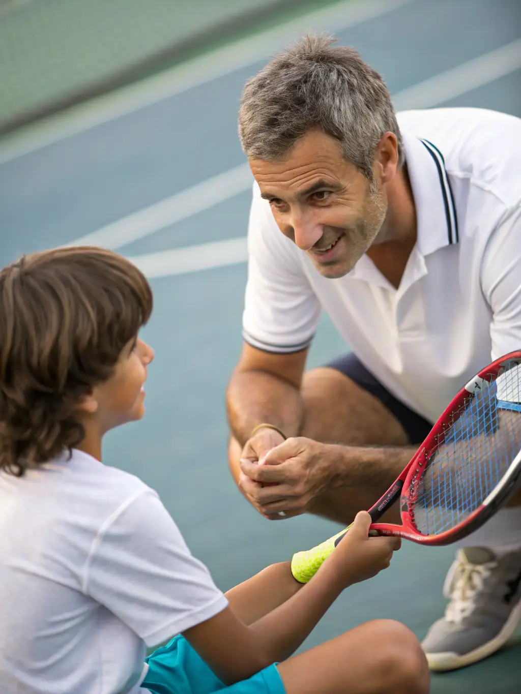 A focused image of a tennis coach providing personalized instruction to a young player, emphasizing skill development and encouragement.