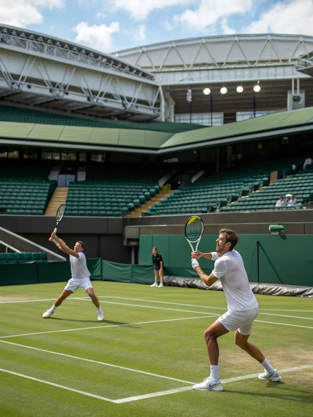 A vibrant image of players engaged in a tennis match on a sunny court, showcasing dynamic movement and sportsmanship.